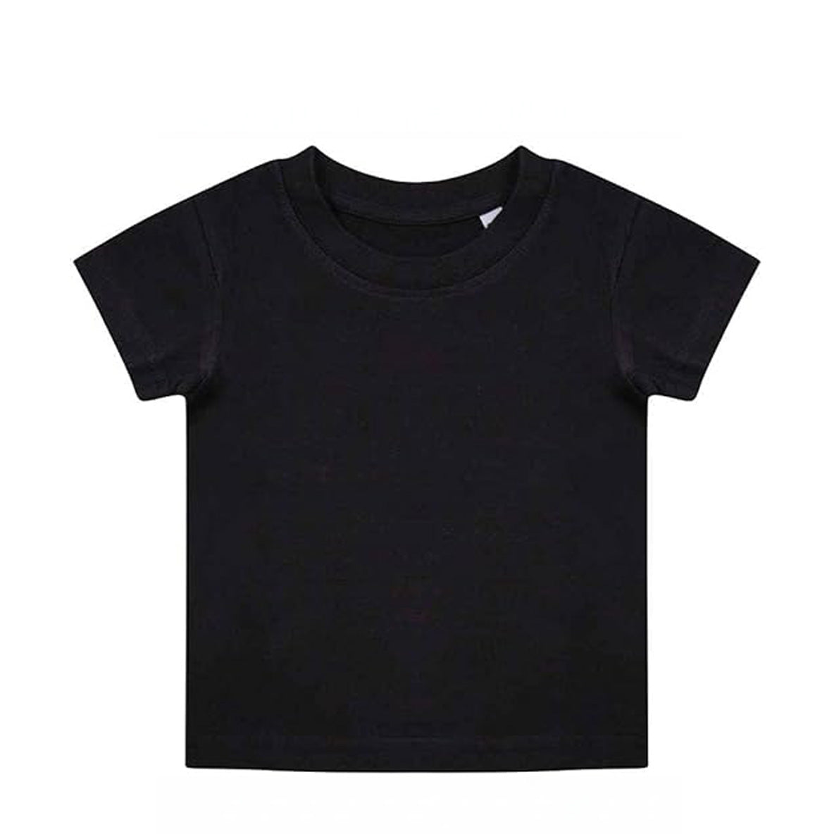 A black short-sleeve crewneck t-shirt laid flat against a solid white background.