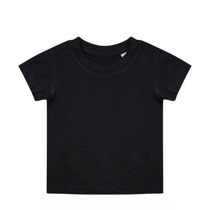 A black short-sleeve crewneck t-shirt laid flat against a solid white background.