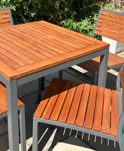Premium 4 Seater Hardwood Outdoor Garden Patio Dining Set With Metal Frame – Square Table Stackable ChaIrs Brackenstyle Dorset