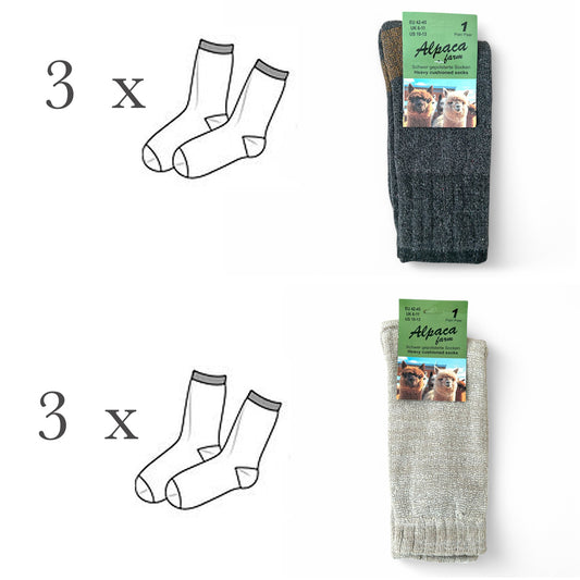 A pack of six heavy cushioned socks in gray, with a label showing the Alpaca brand name and images of alpacas. The socks are designed for UK size 6-11.