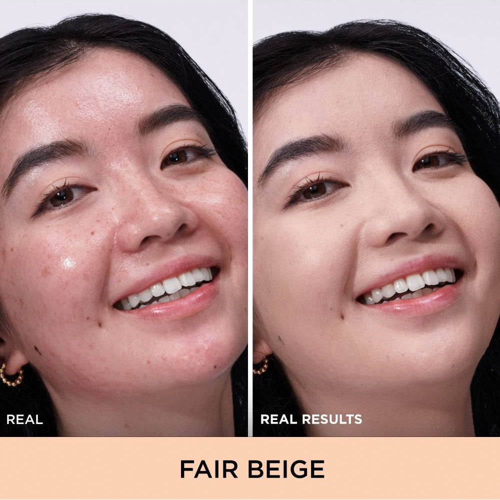 Before-and-after split screen comparison of a woman's face showing a makeup application result, labeled 'REAL RESULTS' on the right, with 'FAIR BEIGE' text below on a peach banner.