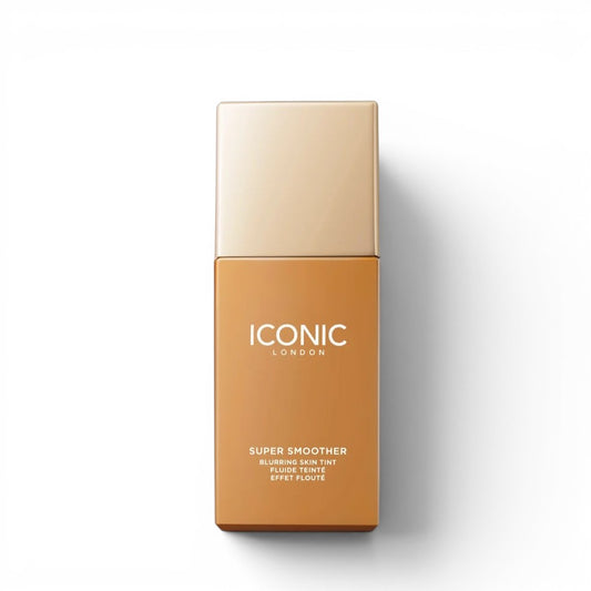 A bottle with 'Iconic London' foundation  in golden tan on a white background