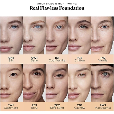 A shade chart for Real Flawless Foundation showing ten different skin tone options labeled 0N1 Silk, 0W1 Satin, 1C1 Cool Vanille, 1C2 Chiffon, 1N2 Vanille, 1W1 Cashmere, 2C1 Ecru, 2C2 Soft Sand, 2N1 Cashew, and 2W1 Macadamia, with close-up face swatches above each shade.