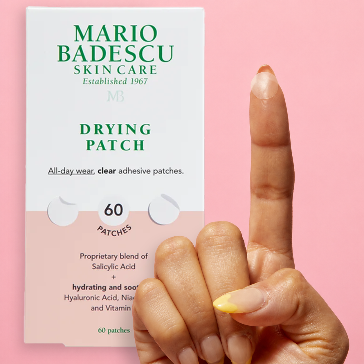 Mario Badescu skin care drying patch packaging with a hand holding a finger