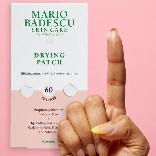 Mario Badescu skin care drying patch packaging with a hand holding a finger