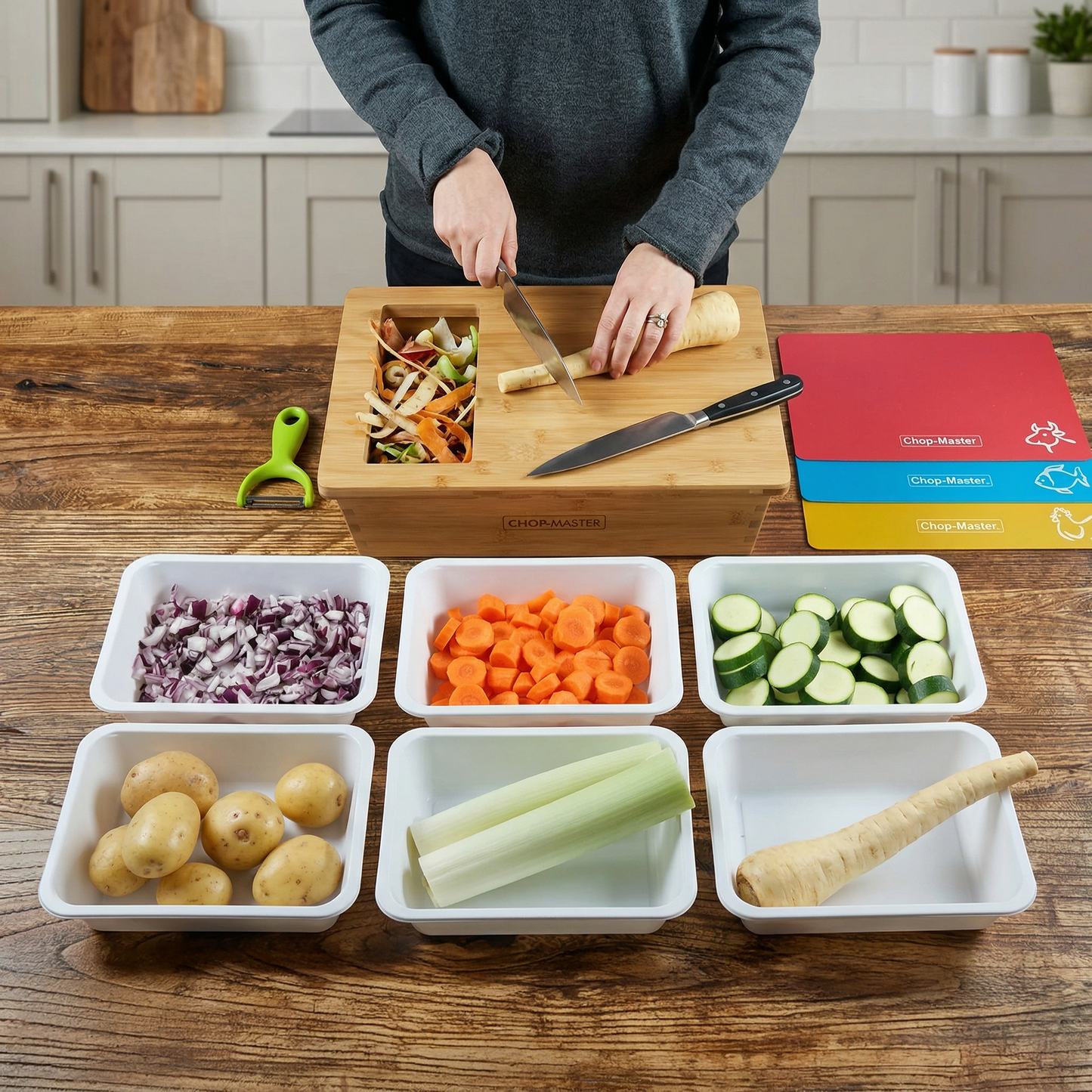 Person preparing vegetables on a wooden cutting board with containers of chopped vegetables in a kitchen.