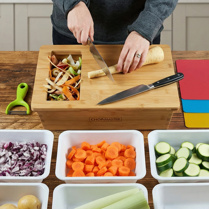 Person using a wooden cutting board with compartments to chop vegetables, surrounded by pre-chopped vegetables in containers.