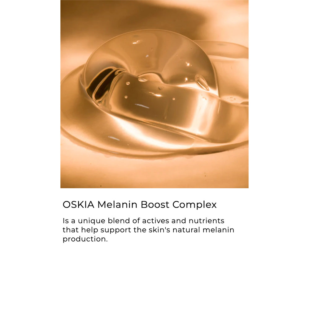 OSKIA Melanin Boost Complex with a close-up of a droplet on a white background