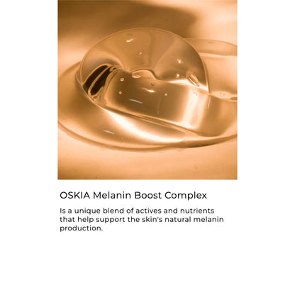 OSKIA Melanin Boost Complex with a close-up of a droplet on a white background