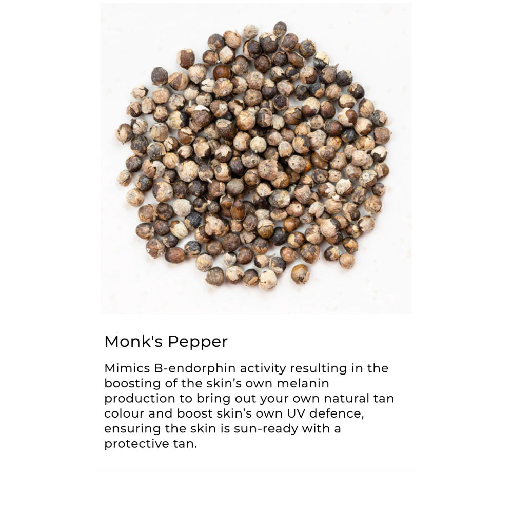 Monk's pepper on a white background with text about its skin benefits.