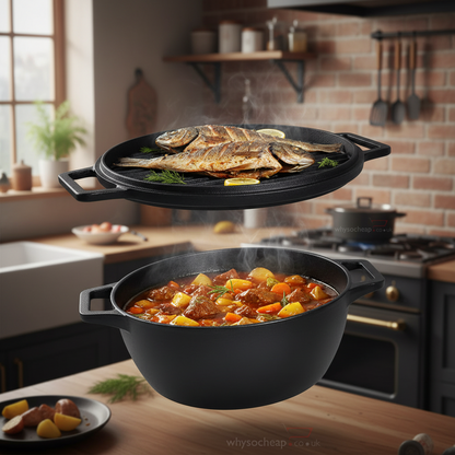 CrushGrind® 4-in-1 Cast Iron Dutch Oven 6.5L – Casserole / Grill Pan, Bread Dome & Pizza Stone in One