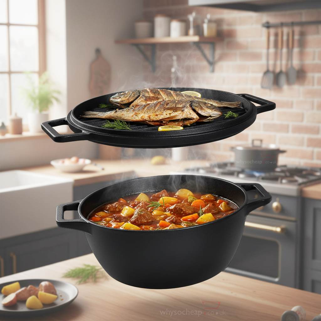 CrushGrind® 4-in-1 Cast Iron Dutch Oven 6.5L – Casserole / Grill Pan, Bread Dome & Pizza Stone in One