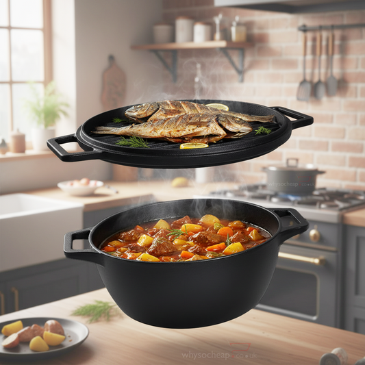 CrushGrind® 4-in-1 Cast Iron Dutch Oven 6.5L – Casserole / Grill Pan, Bread Dome & Pizza Stone in One