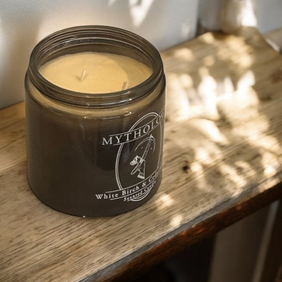 Mythology - Long Burning Double Wick Strongly Scented Candle, Soy Wax 354g - White Birch and Cedarwood