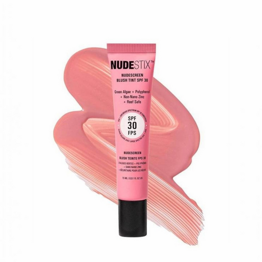 PinkNUDESTIX lip and cheek balm in Pink Sunrise sunscreen tube with a swatch smudge on a white background