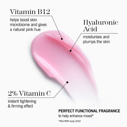 A pink cosmetic smear on a white background with callout text describing ingredients and benefits: Vitamin B12, Hyaluronic Acid, and 2% Vitamin C.