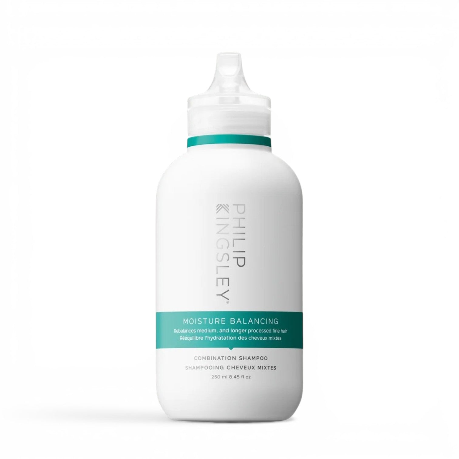 White Philip Kingsley Moisture Balancing Combination shampoo bottle with a teal label on a white background