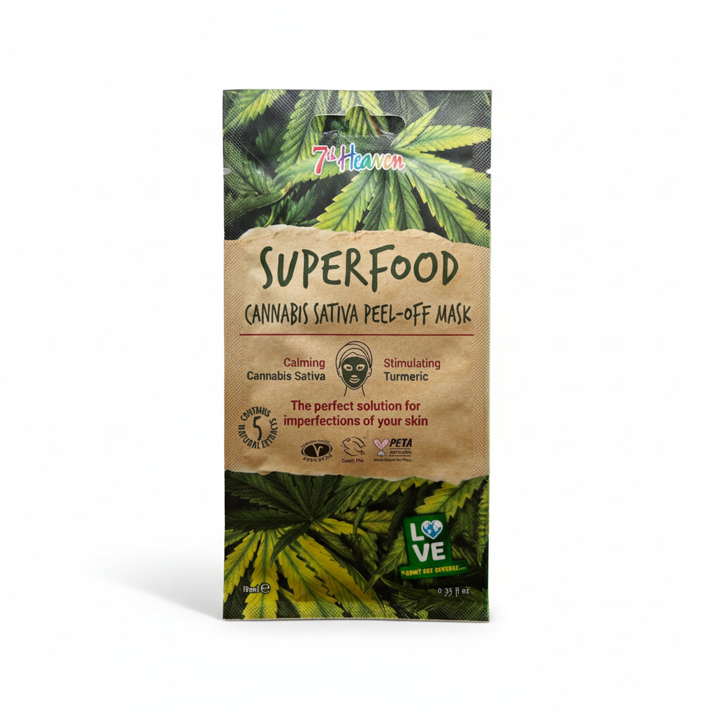7th Heaven Superfood Cannabis Sativa Peel-Off Face Mask, Calming & Stimulating with Turmeric & Hemp Seed Oil for Deep Pore Cleansing - 12 Pack