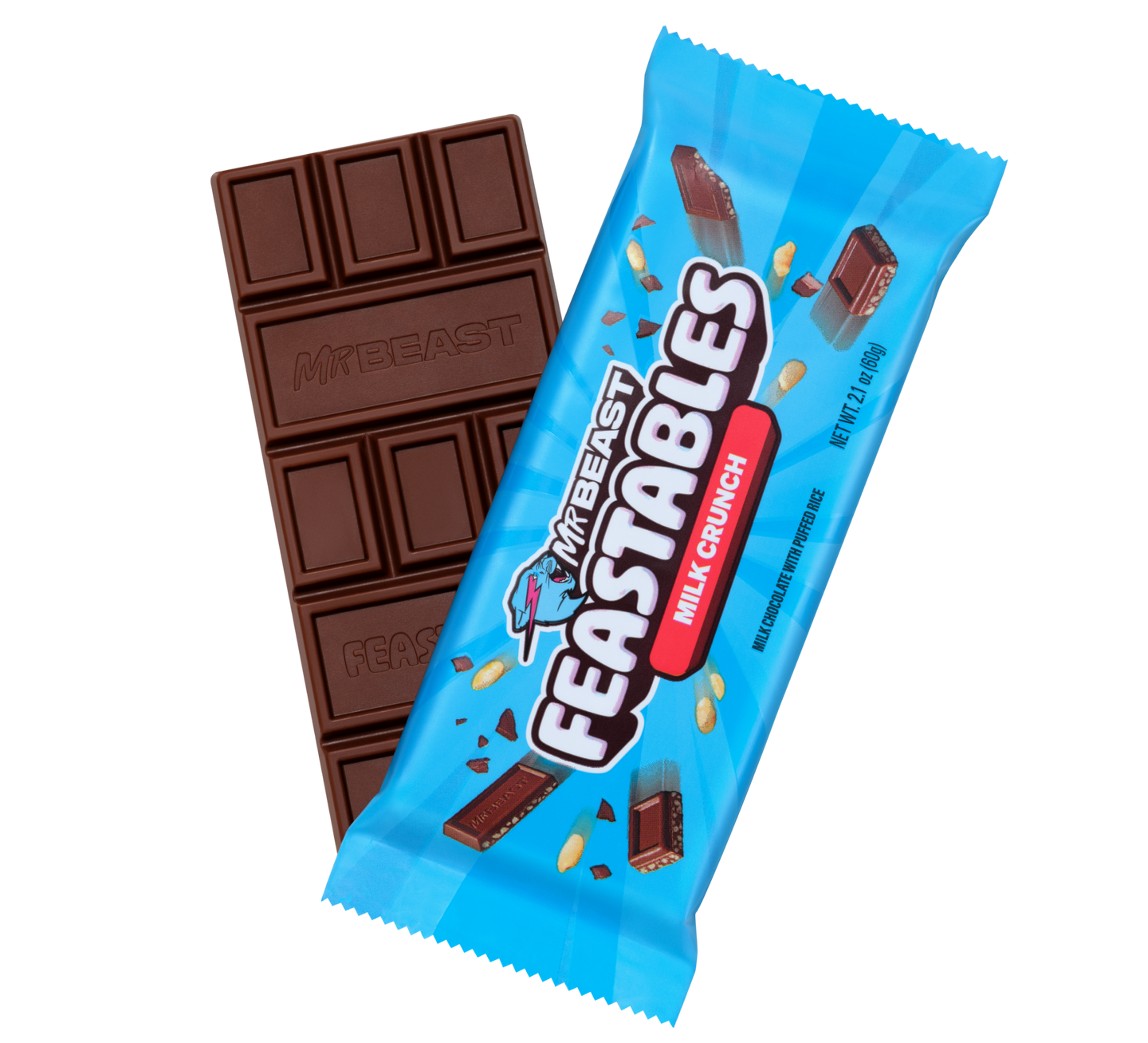 10 x Feastables MrBeast Milk Crunch Chocolate Bars with Puffed Rice – (60g Each)