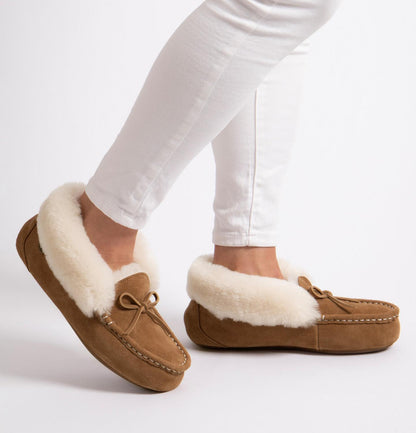 Just Sheepskin Francesca Sheepskin Moccasin Slippers in Chestnut Brown - Size UK 4 / EUR 37