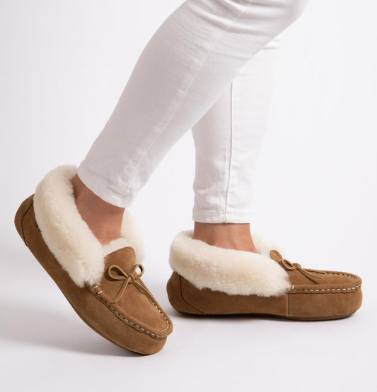 Just Sheepskin Francesca Sheepskin Moccasin Slippers in Chestnut Brown - Size UK 4 / EUR 37