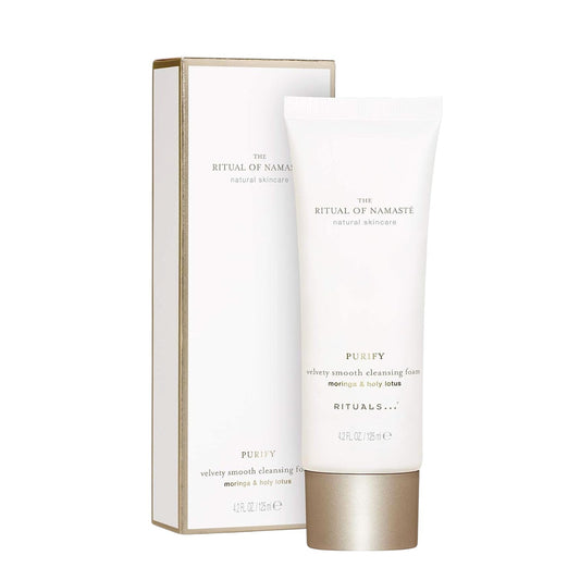 Tube of 'The Ritual of Namaste' cleansing foam with packaging on a white background