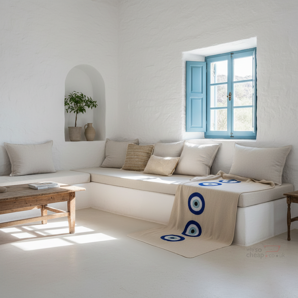 Snuggery Luxury Organic Cotton Knitted Throw Blanket 180 x 125cm - Mykonos Eye Middle Lined