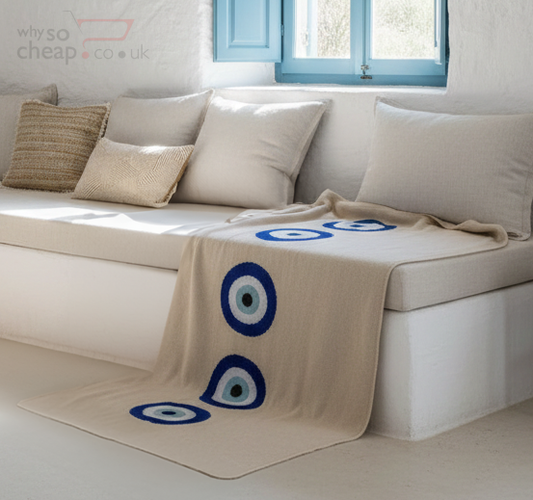 Snuggery Luxury Organic Cotton Knitted Throw Blanket 180 x 125cm - Mykonos Eye Middle Lined