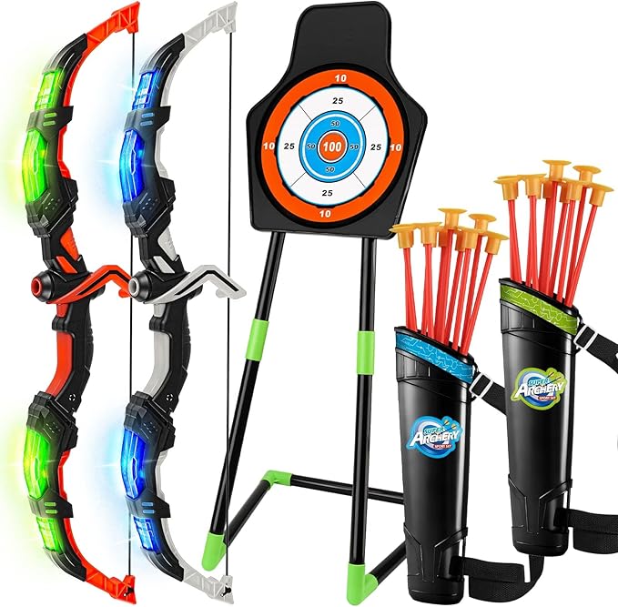 TEMI LED Bow and Arrow Set for Kids – 2 Bows, 20 Suction Arrows, Quivers & Targets – Light-Up Archery Toy for Boys & Girls Ages 3–12 – Outdoor Game