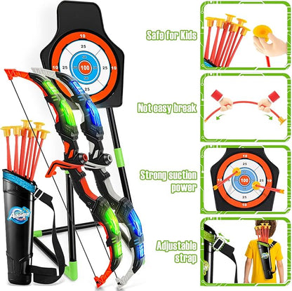 TEMI LED Bow and Arrow Set for Kids – 2 Bows, 20 Suction Arrows, Quivers & Targets – Light-Up Archery Toy for Boys & Girls Ages 3–12 – Outdoor Game