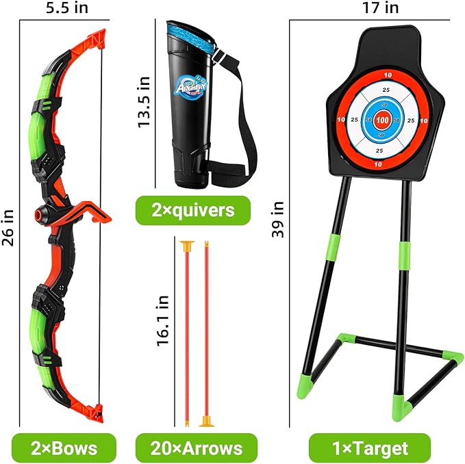 TEMI LED Bow and Arrow Set for Kids – 2 Bows, 20 Suction Arrows, Quivers & Targets – Light-Up Archery Toy for Boys & Girls Ages 3–12 – Outdoor Game