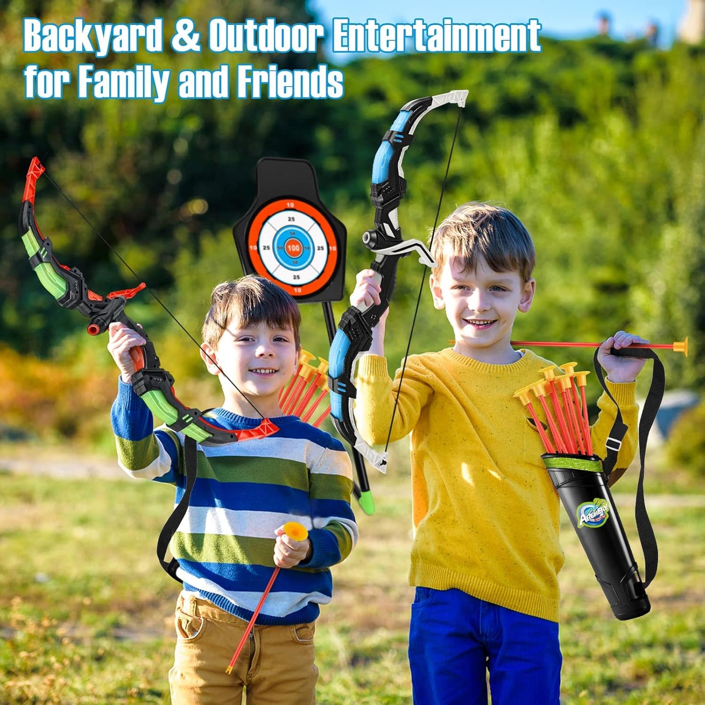 TEMI LED Bow and Arrow Set for Kids – 2 Bows, 20 Suction Arrows, Quivers & Targets – Light-Up Archery Toy for Boys & Girls Ages 3–12 – Outdoor Game