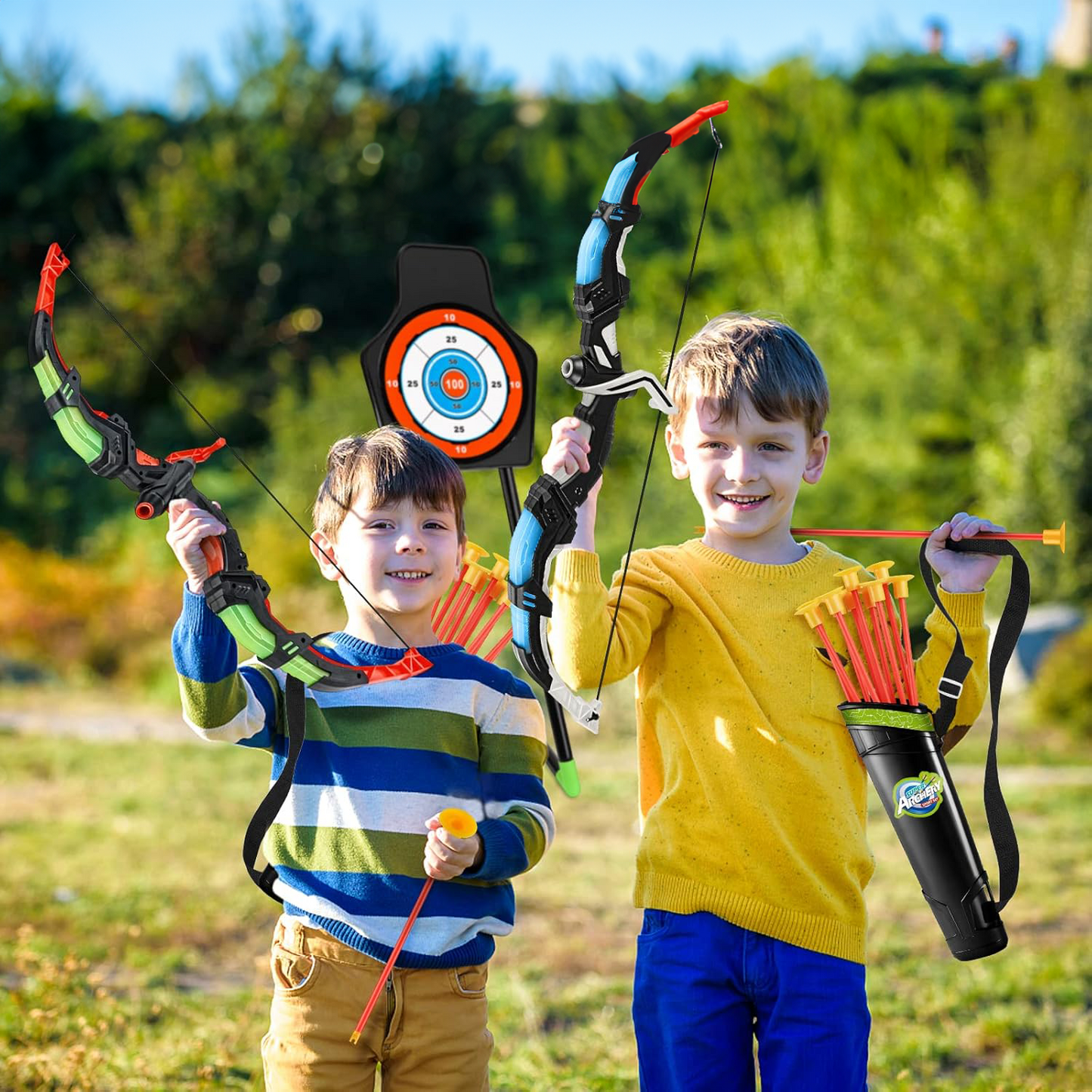 TEMI LED Bow and Arrow Set for Kids – 2 Bows, 20 Suction Arrows, Quivers & Targets – Light-Up Archery Toy for Boys & Girls Ages 3–12 – Outdoor Game