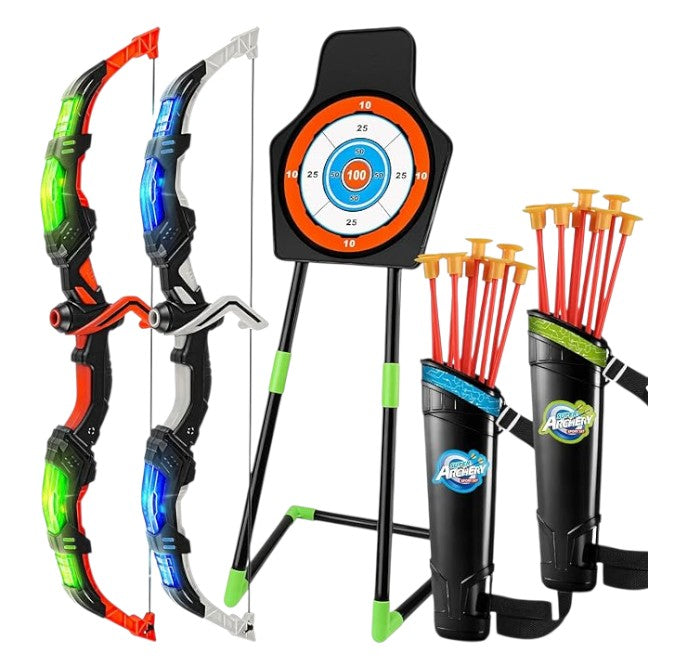 TEMI LED Bow and Arrow Set for Kids – 2 Bows, 20 Suction Arrows, Quivers & Targets – Light-Up Archery Toy for Boys & Girls Ages 3–12 – Outdoor Game