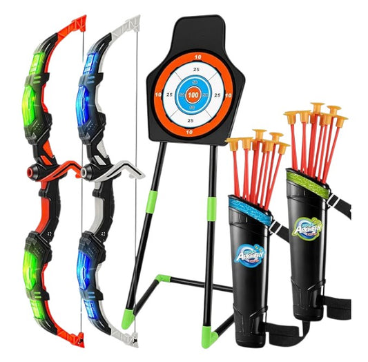 TEMI LED Bow and Arrow Set for Kids – 2 Bows, 20 Suction Arrows, Quivers & Targets – Light-Up Archery Toy for Boys & Girls Ages 3–12 – Outdoor Game