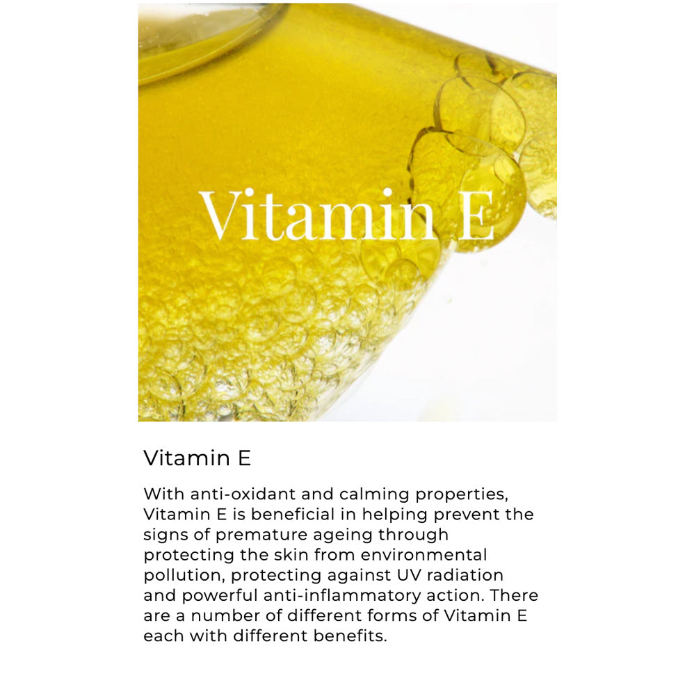 Vitamin E oil with a droplet on a white background and text about its benefits.