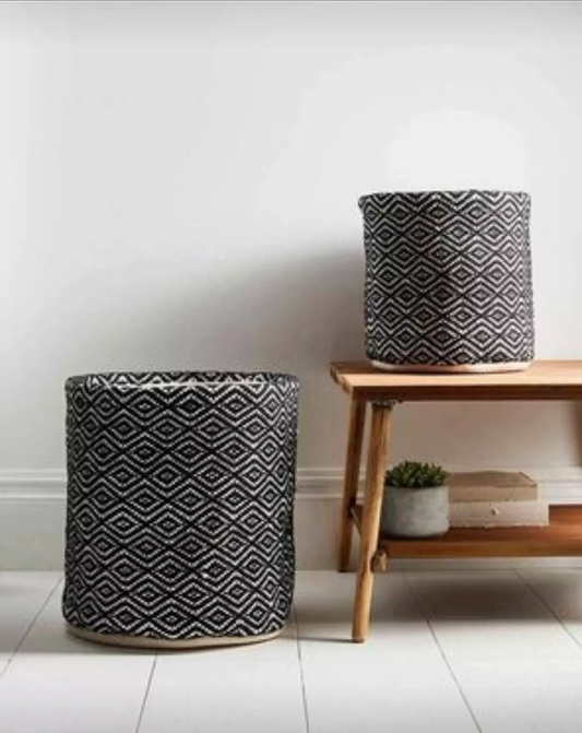 2-Pack Black & White Woven Fabric Storage Baskets – Cotton Blend, Large & Medium Sizes