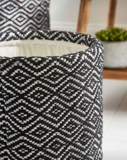 2-Pack Black & White Woven Fabric Storage Baskets – Cotton Blend, Large & Medium Sizes