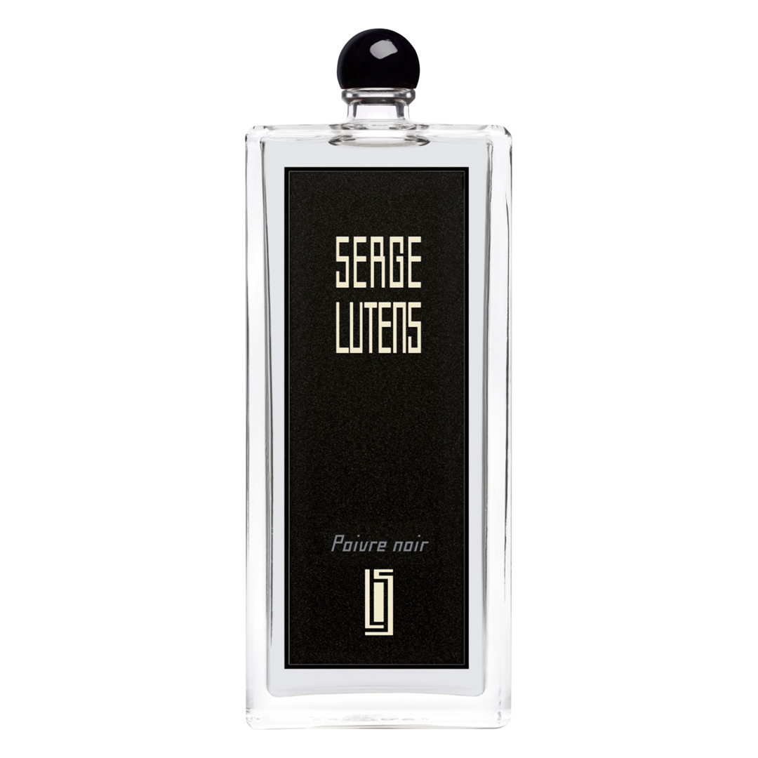 Serge Lutens perfume bottle with black cap on a white background