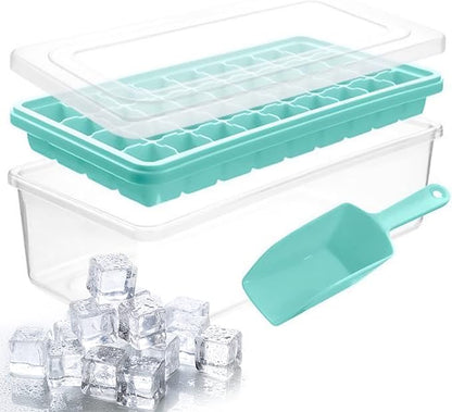 Yoove - Ice Cube Tray With Lid & Bin BPA Free Silicone Container, Nugget Tray With Ladle - Aqua Turquoise