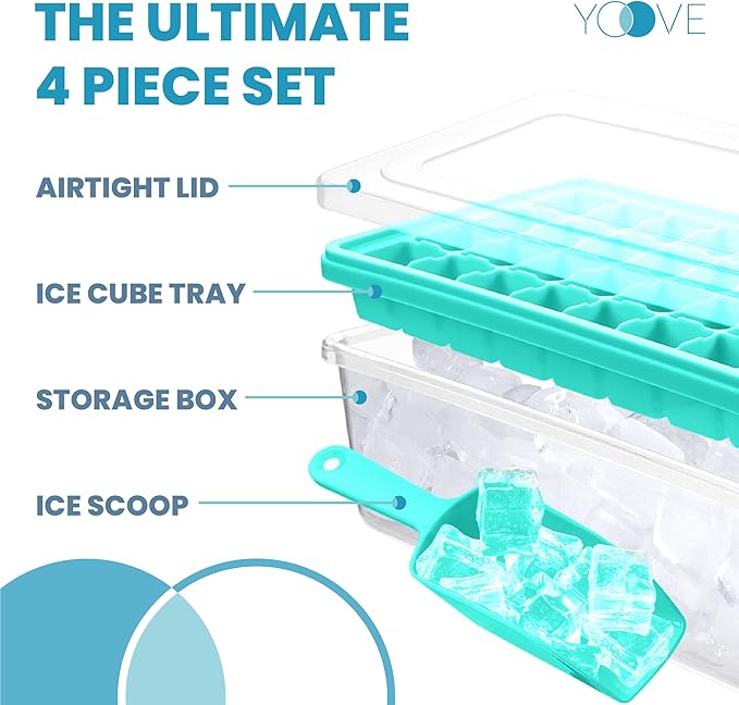 Yoove - Ice Cube Tray With Lid & Bin BPA Free Silicone Container, Nugget Tray With Ladle - Aqua Turquoise