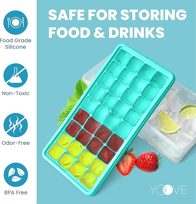 Yoove - Ice Cube Tray With Lid & Bin BPA Free Silicone Container, Nugget Tray With Ladle - Aqua Turquoise