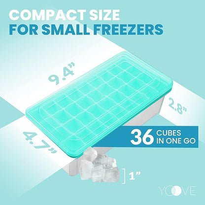 Yoove - Ice Cube Tray With Lid & Bin BPA Free Silicone Container, Nugget Tray With Ladle - Aqua Turquoise