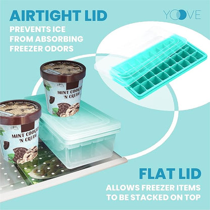Yoove - Ice Cube Tray With Lid & Bin BPA Free Silicone Container, Nugget Tray With Ladle - Aqua Turquoise